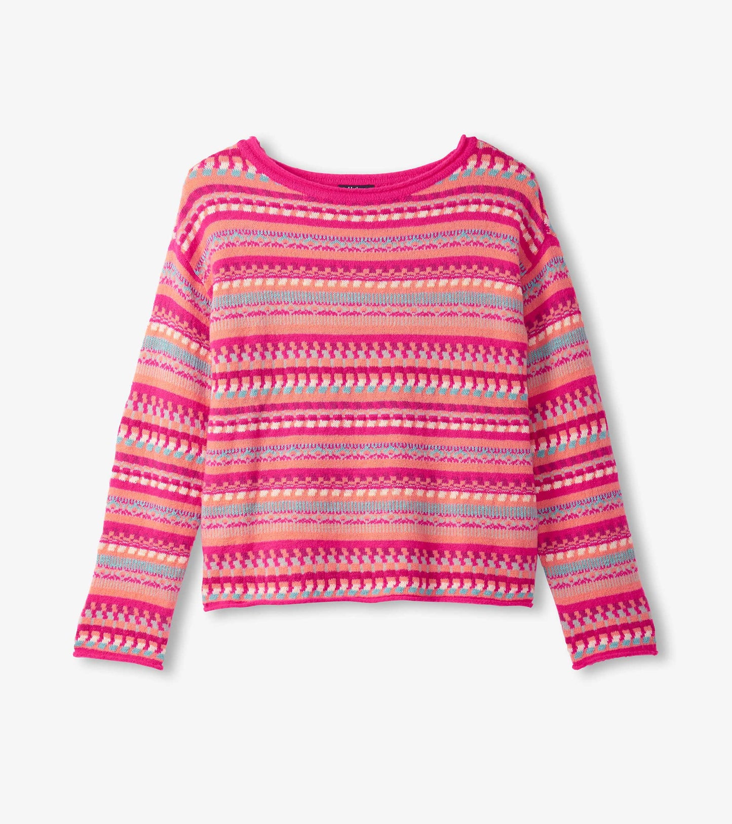 Colorful pink sweater featuring a striped pattern with various shades and textures, designed for casual wear.