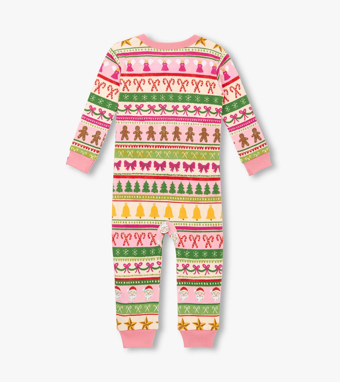 Pink cotton sleeper featuring a fun Fair Isle pattern with gingerbread, bows, and festive motifs. Long sleeves and footed de…
