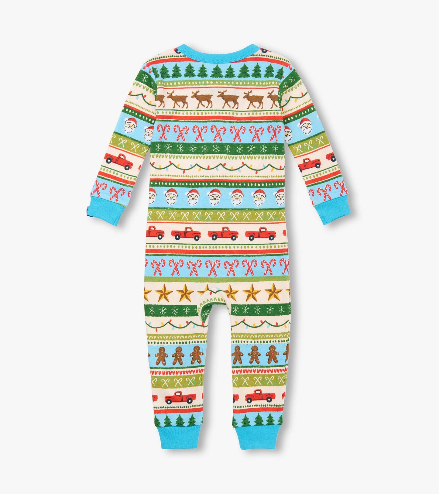 Blue cotton sleeper featuring a fun Fair Isle pattern with festive motifs like reindeer, trees, and trucks.