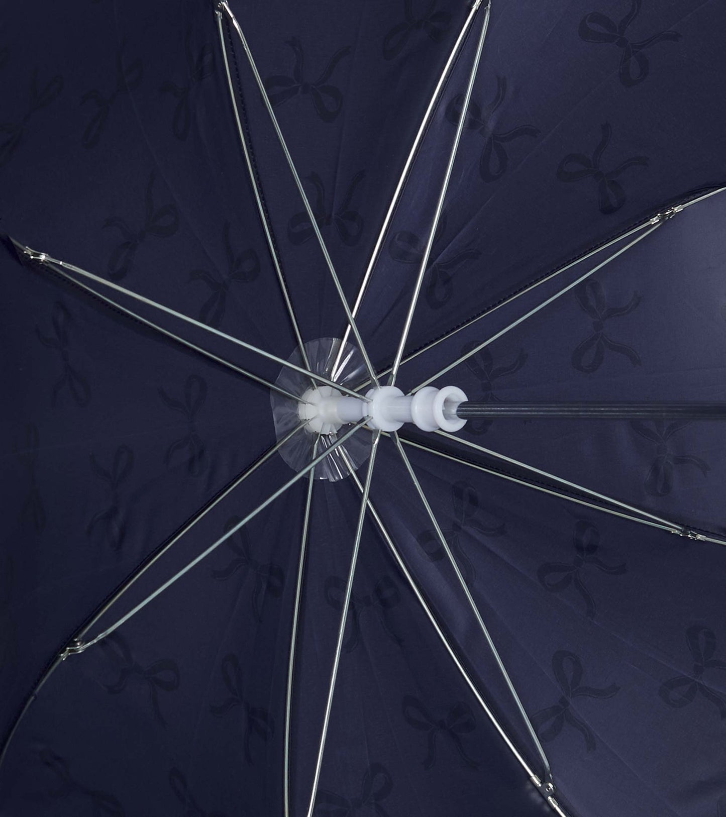 Navy umbrella featuring a silver ribbon pattern, showcasing the interior structure and spokes.