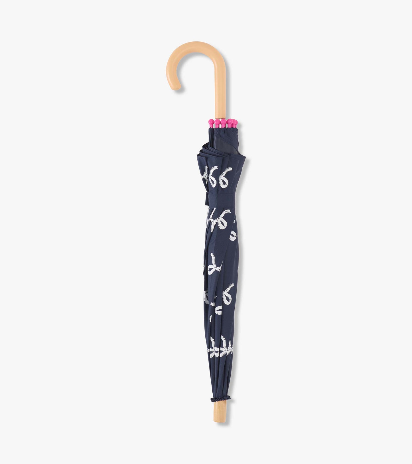 Navy umbrella with silver ribbon pattern, featuring a wooden handle and pink accents, designed for girls.