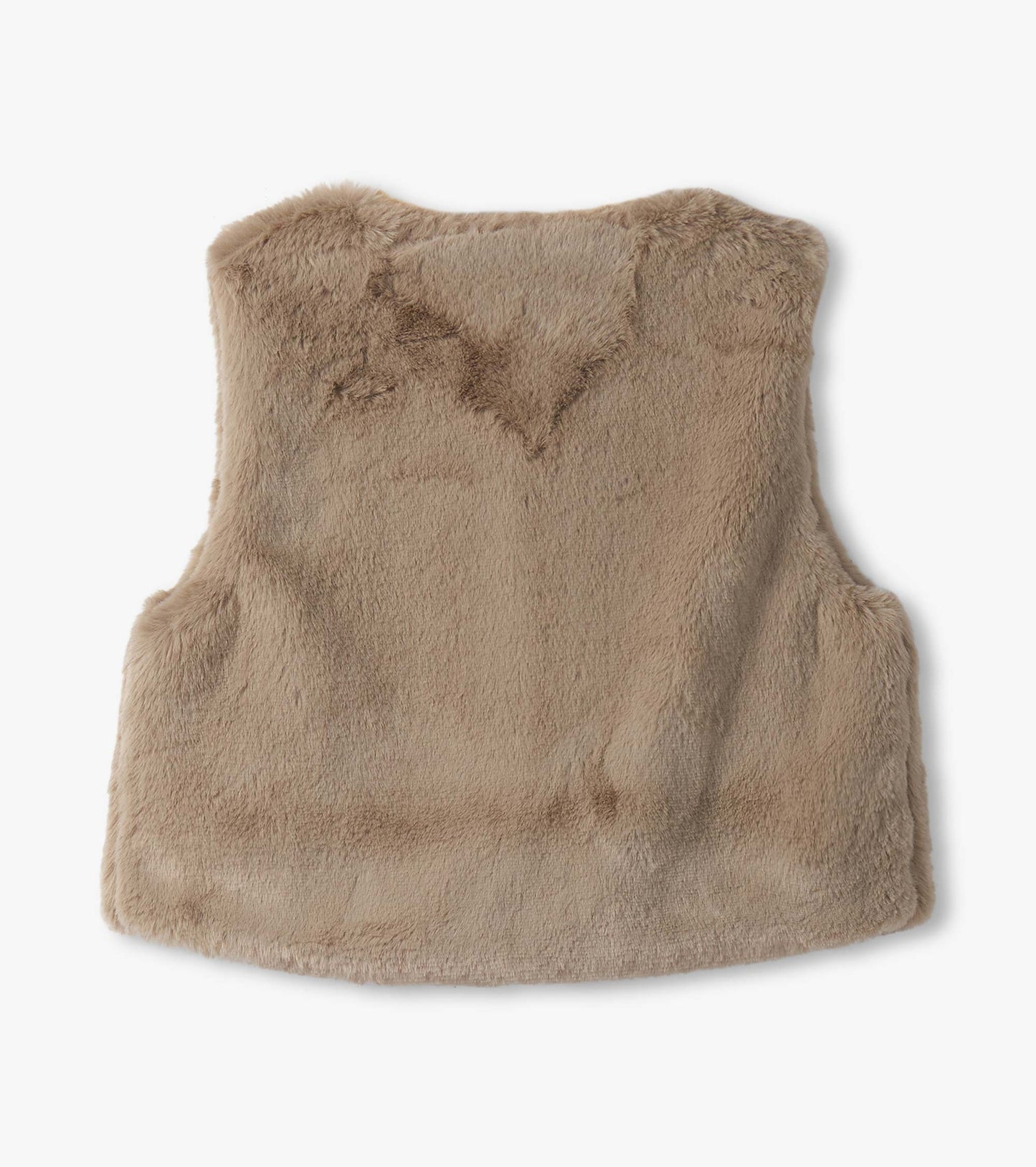 Cropped faux fur vest in a soft beige color, featuring a rounded neckline and no sleeves, suitable for layering.