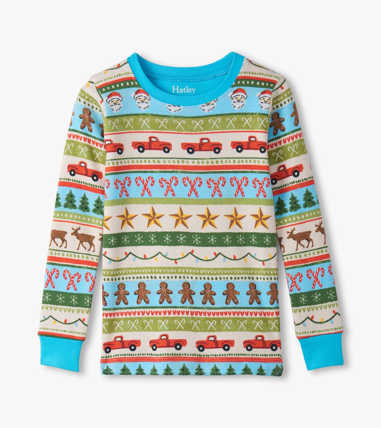 Boys' blue cotton pajama set featuring a festive Fair Isle pattern with trucks, trees, and holiday motifs.