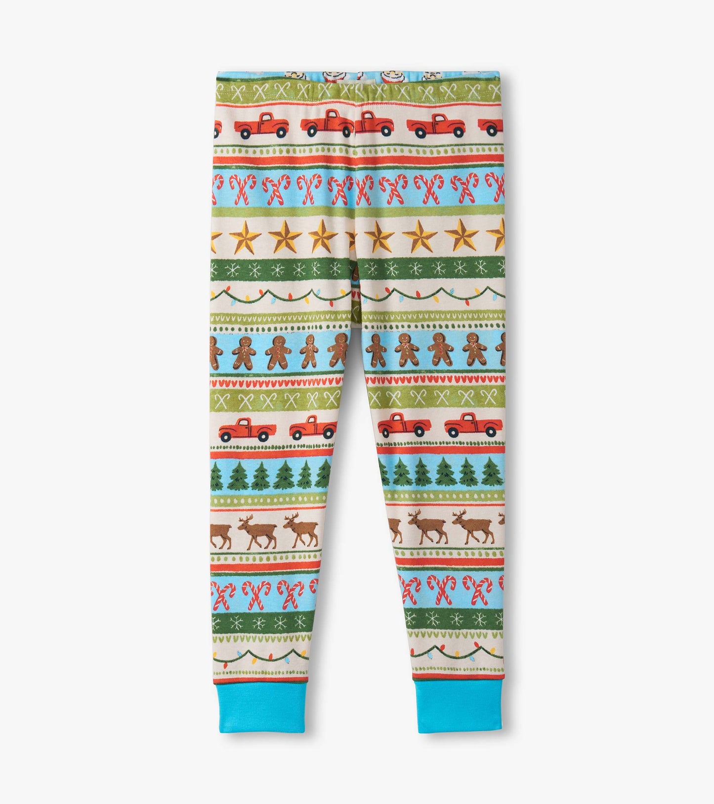 Boys' cotton pajama pants featuring a colorful Fair Isle pattern with trucks, gingerbread men, and festive motifs.