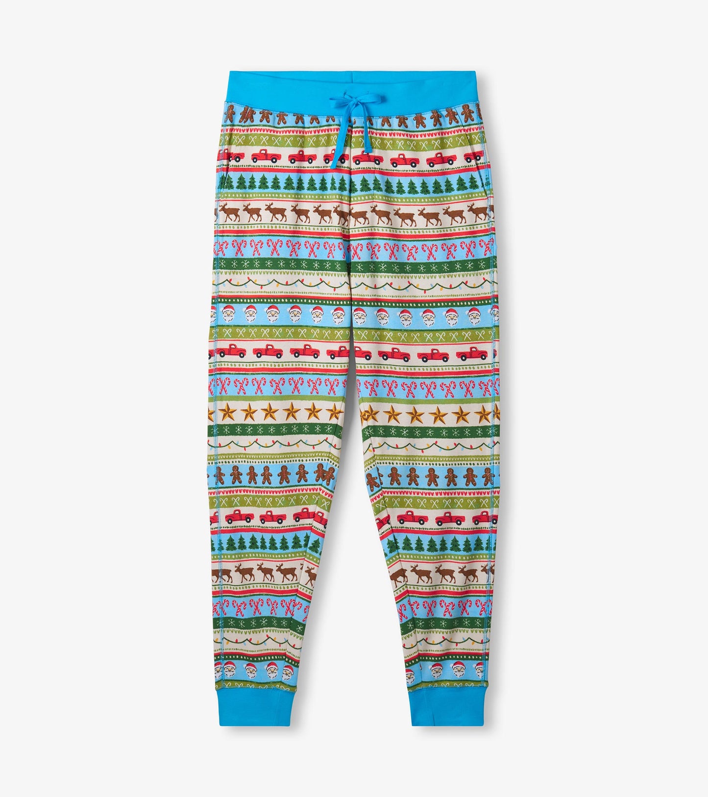 Men's blue pajama set featuring a colorful Fair Isle pattern with festive motifs, made from soft cotton.