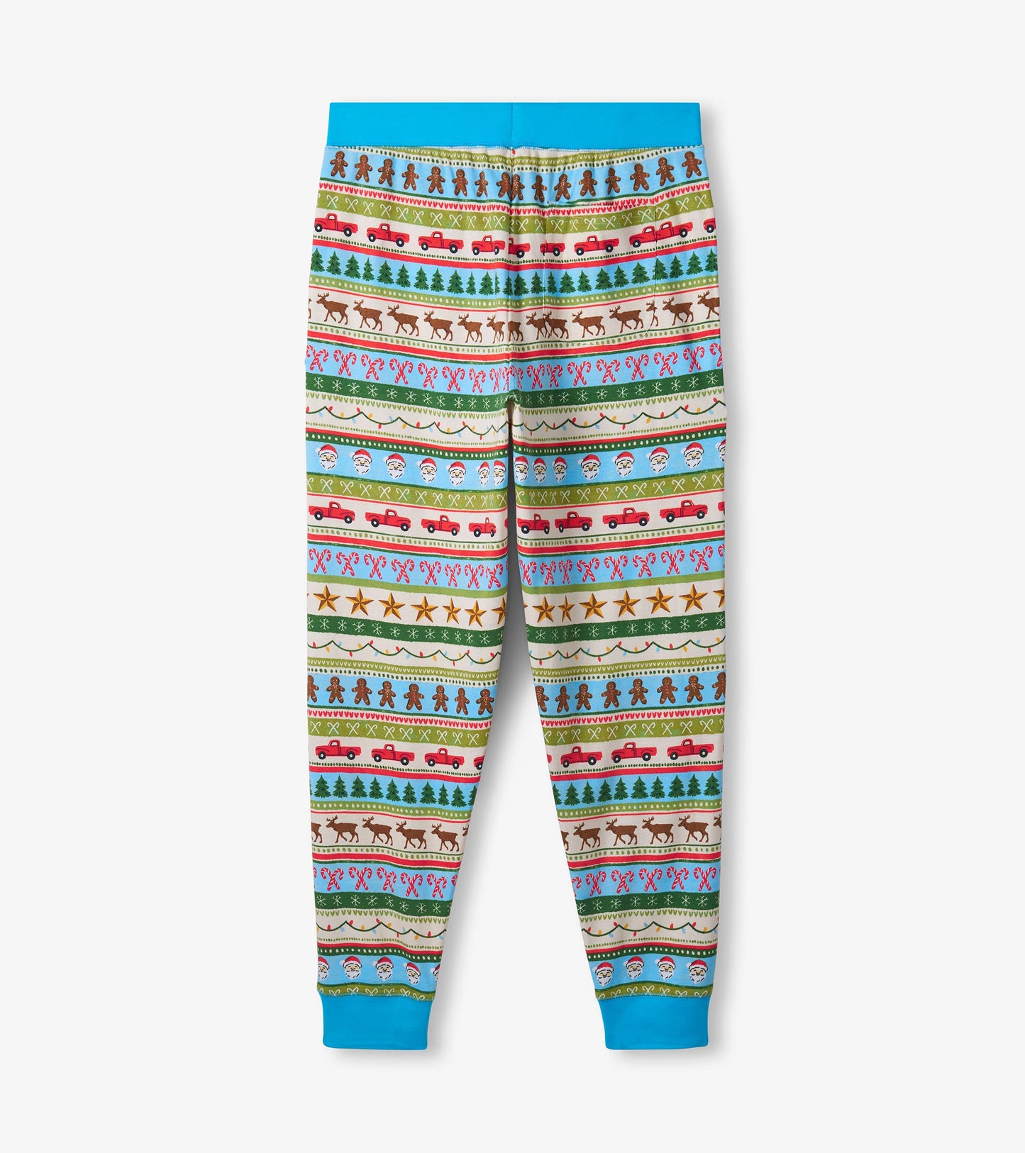 Men's cotton pajama set featuring a blue Fair Isle pattern with festive motifs in red, green, and brown.