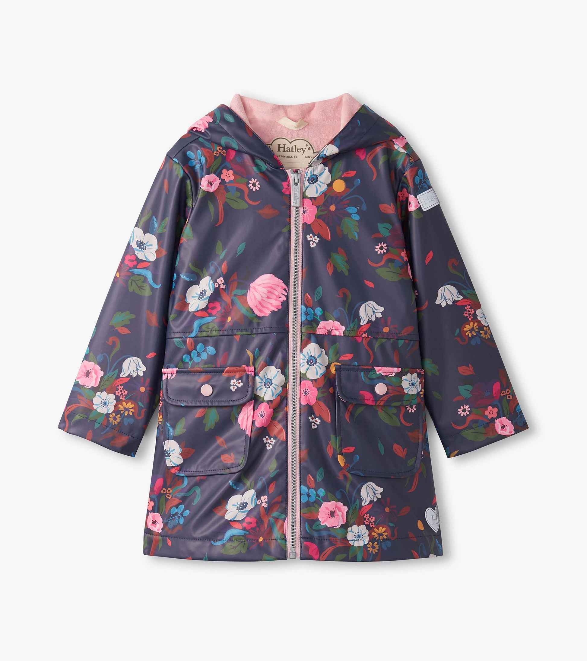 Navy zip-up rain jacket with a floral pattern, featuring a hood and front pockets, suitable for girls.