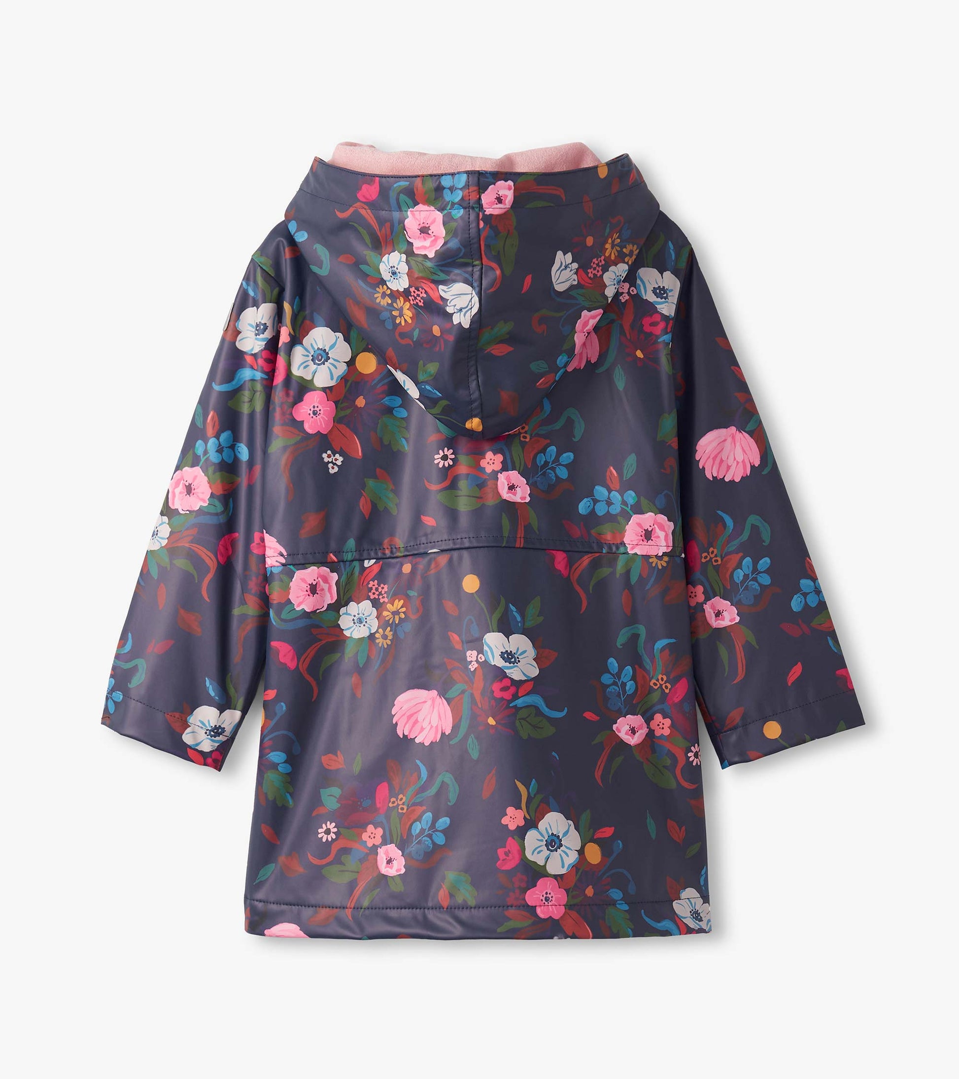 Navy zip-up rain jacket featuring a colorful floral pattern and a hood, designed for girls.