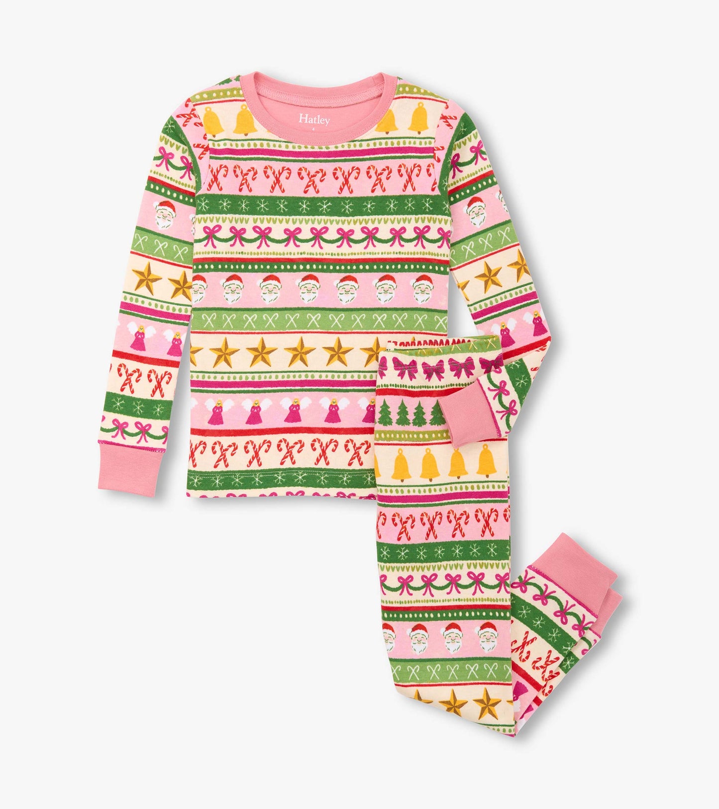 Pink cotton pajama set featuring a fun Fair Isle pattern with festive motifs, including Santa, candy canes, and stars.