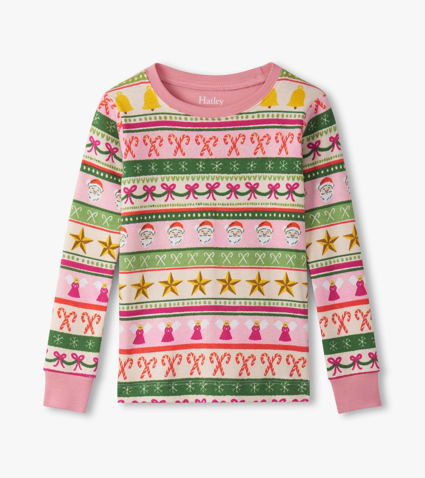 Pink long-sleeve pajama top featuring a colorful Fair Isle pattern with festive motifs like Santa, stars, and candy canes.