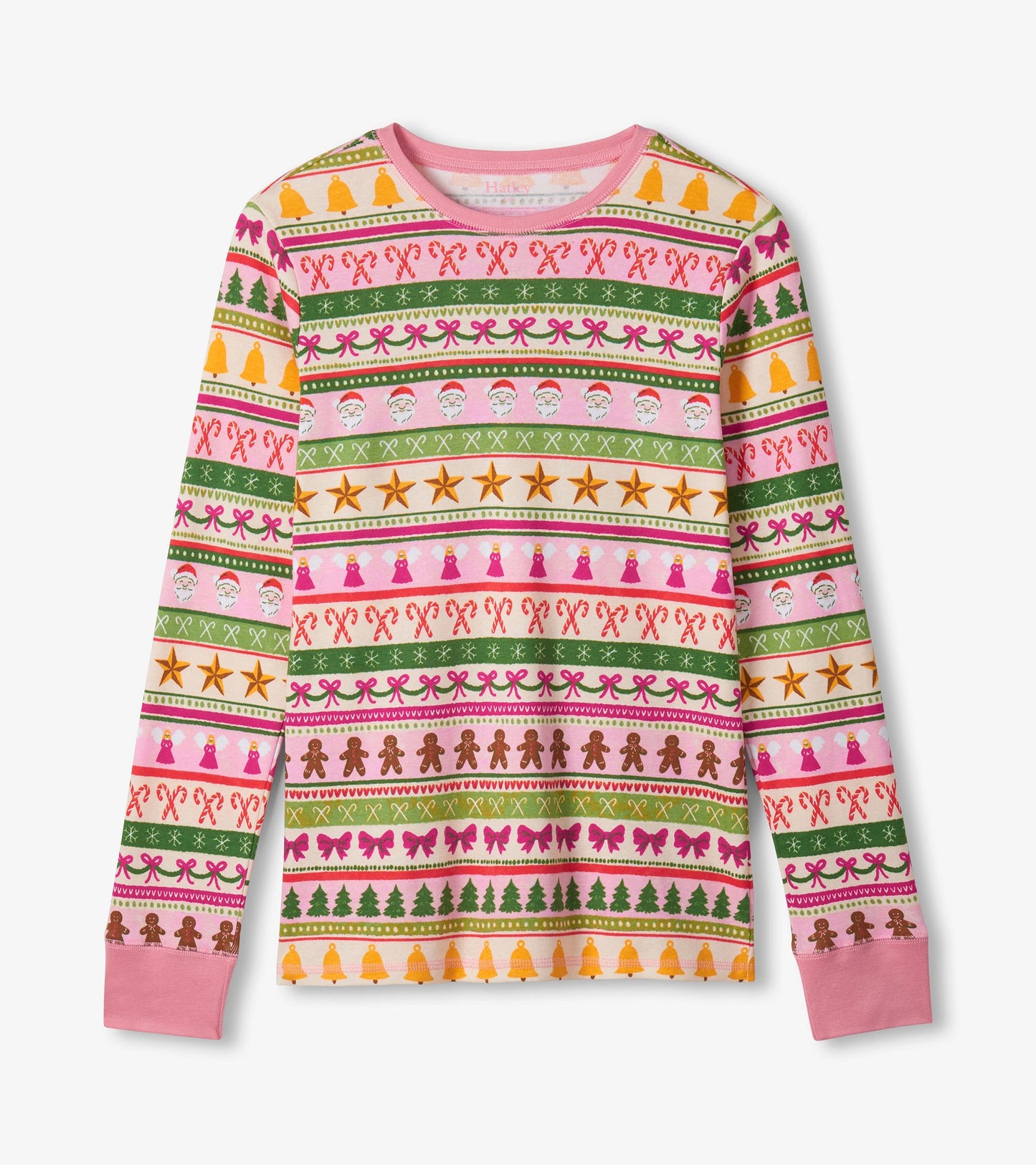 Long-sleeve pajama top in pink cotton with colorful Fair Isle holiday patterns, including trees, candy canes, and stars.