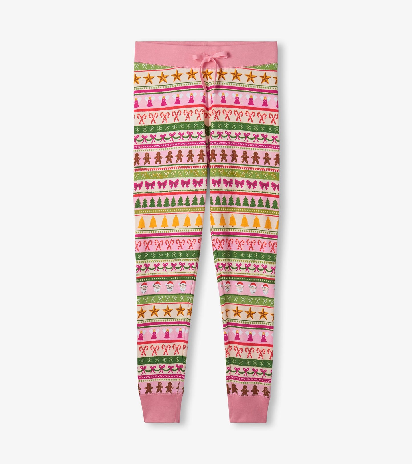 Pink cotton pajama set featuring a colorful Fair Isle pattern with festive motifs, ideal for cozy sleepwear.