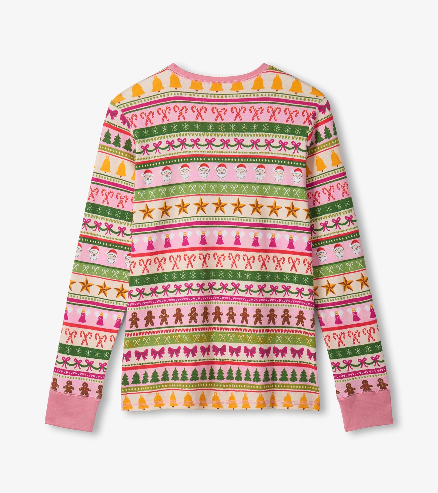 Pink cotton pajama set featuring a festive Fair Isle pattern with Christmas motifs, long sleeves, and a crew neck.