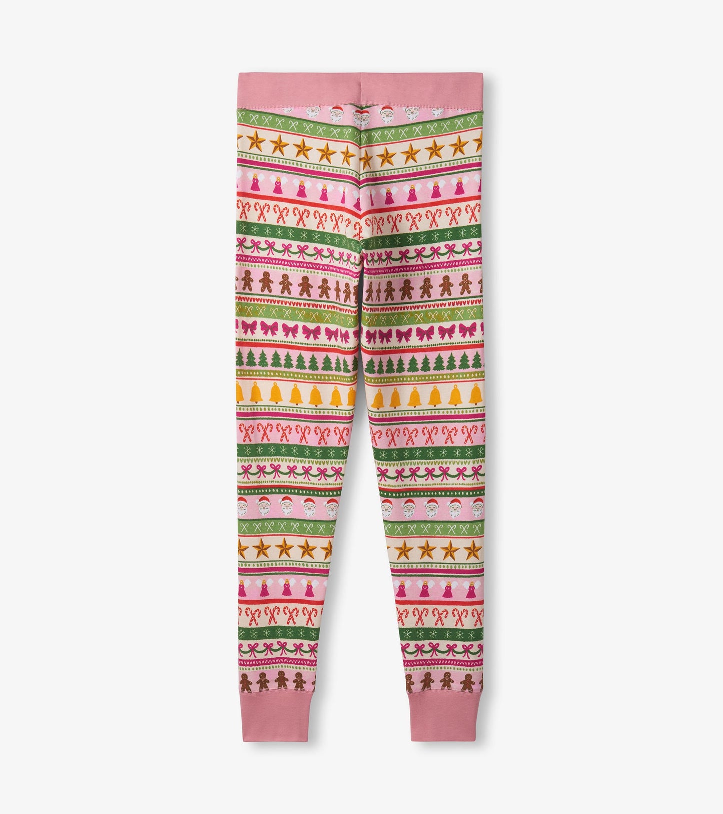 Pink cotton pajama set featuring a fun Fair Isle pattern with festive designs, ideal for cozy nights.