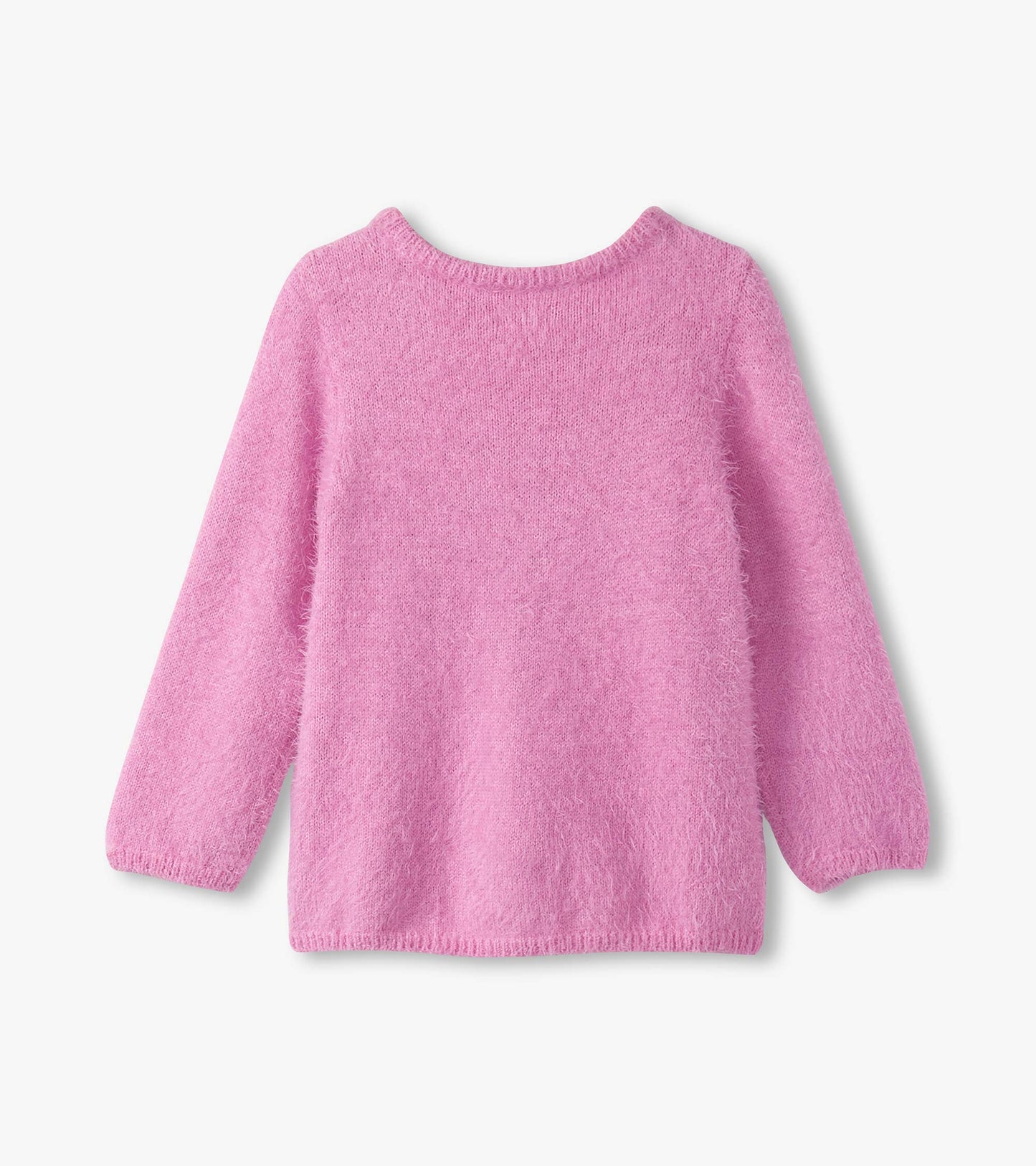 Fuzzy pink sweater for girls with long sleeves and a round neckline, showcasing a soft, cozy texture.
