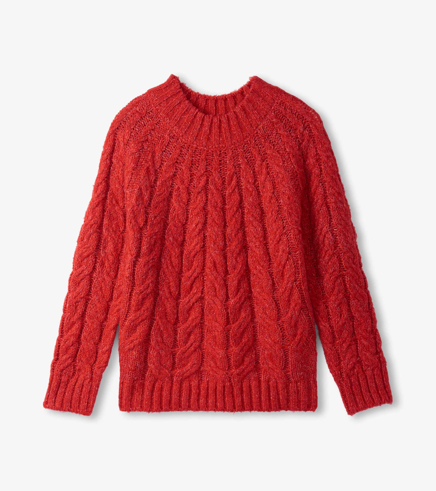 Red cable knit sweater with a round neckline and long sleeves. Textured pattern throughout the body.