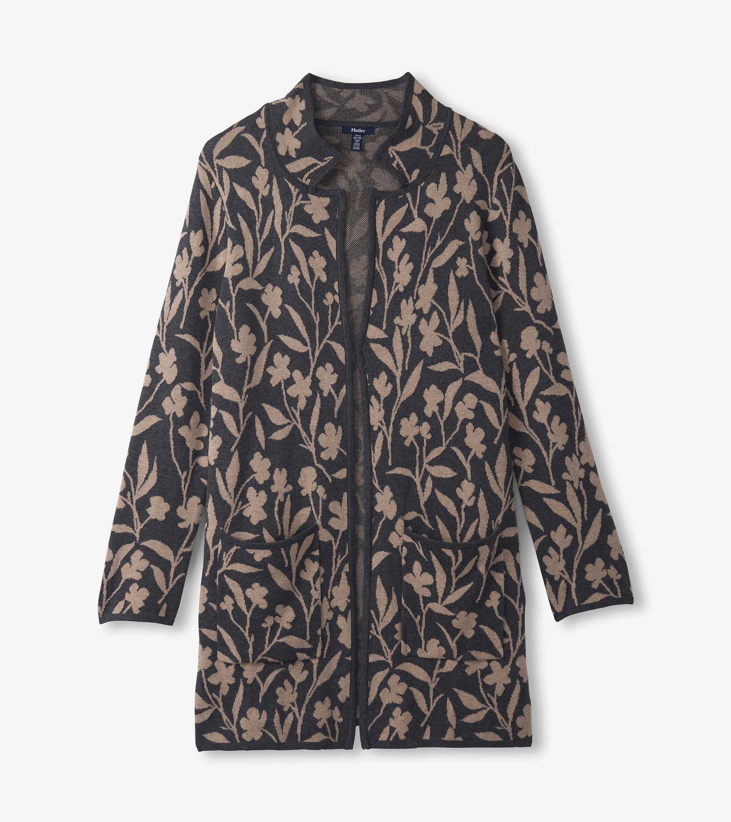 Floral vine-patterned sweater blazer in dark navy with beige flowers and two front pockets.