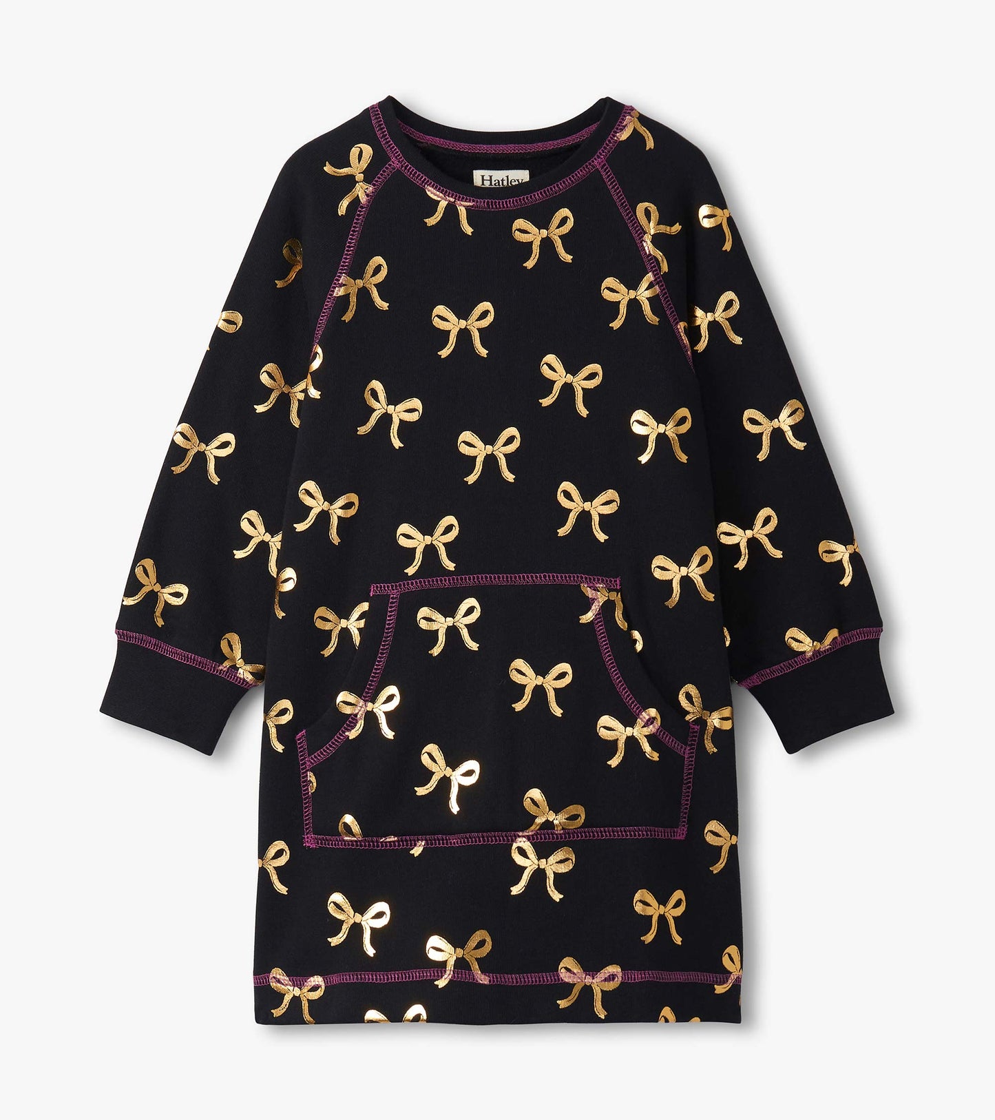 Black sweater dress featuring gold bow patterns and a front pocket, with purple stitching details. Available in multiple siz…