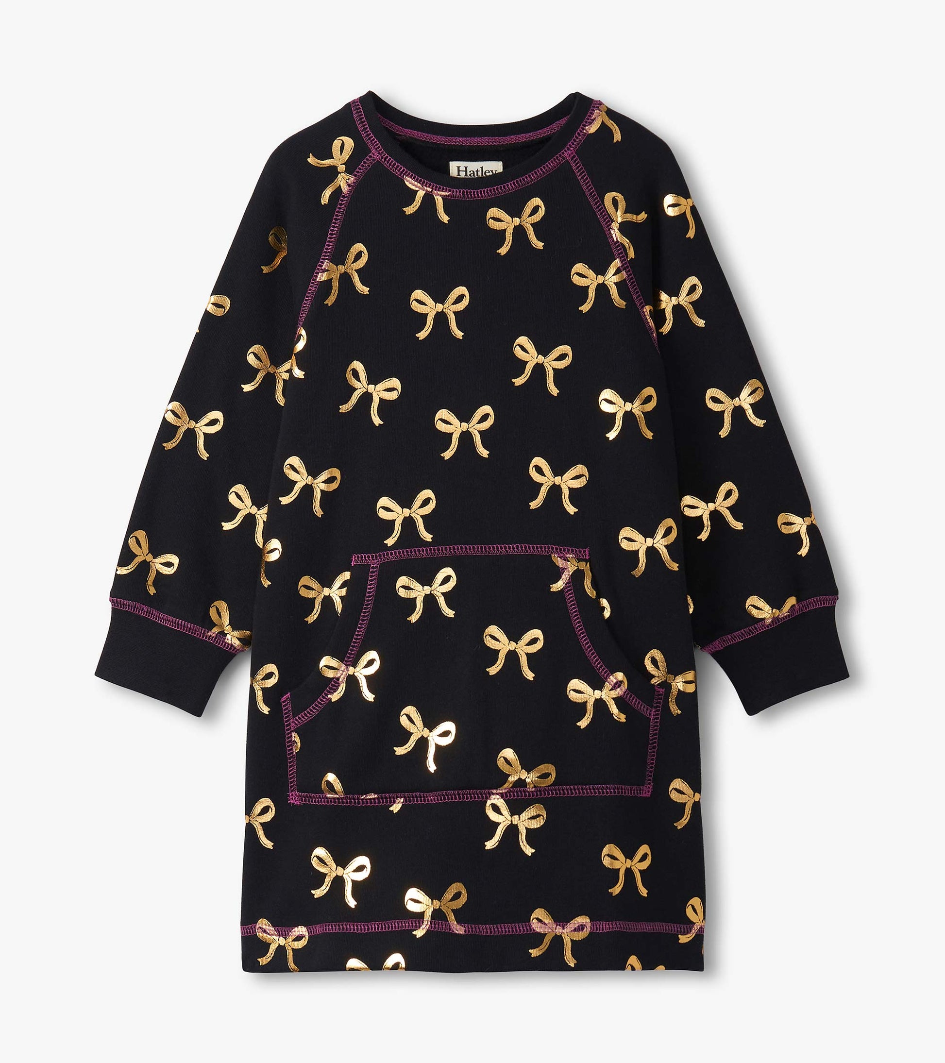 Black sweater dress featuring gold bow patterns and a front pocket, with purple stitching details. Available in multiple siz…