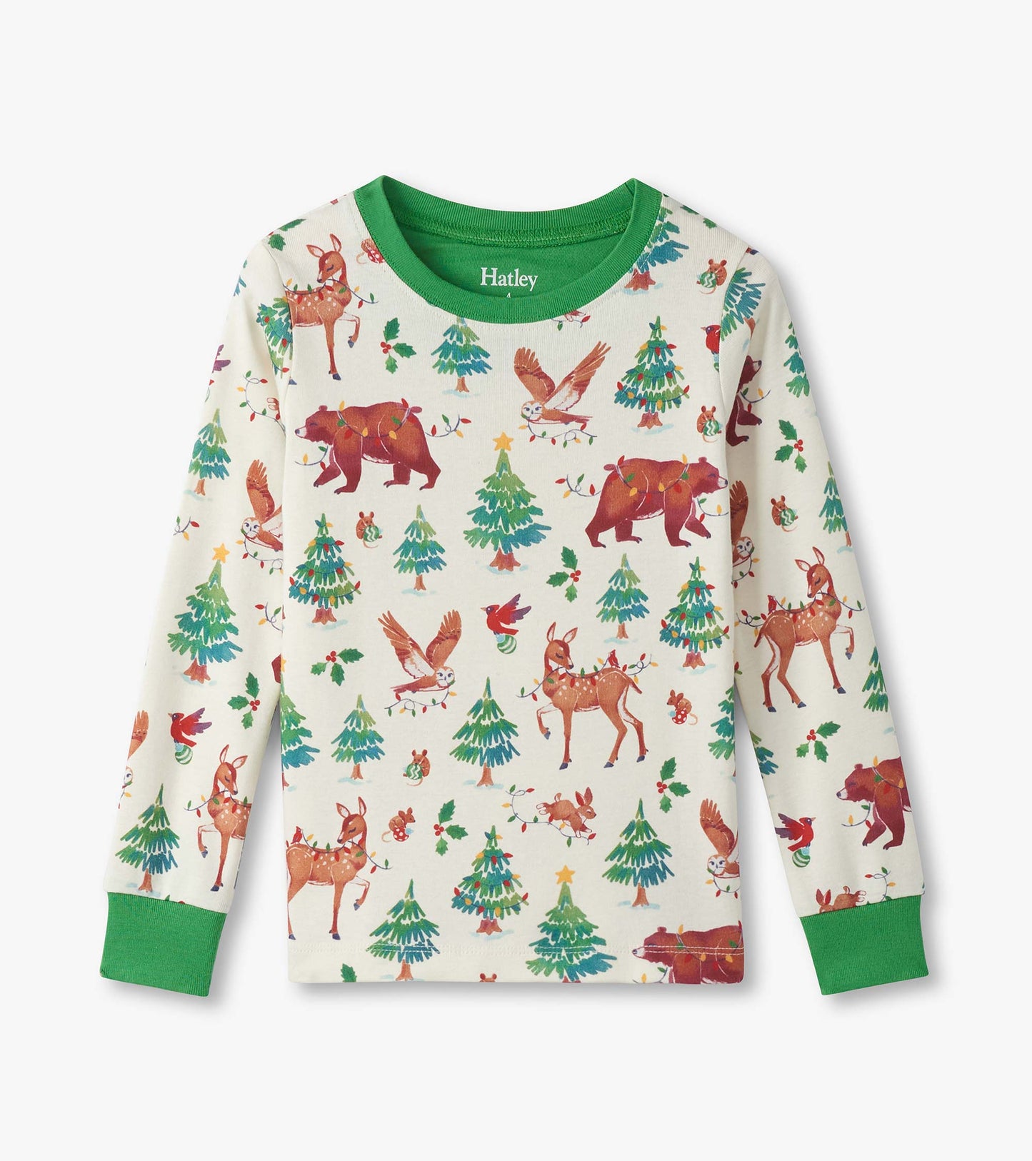 Cotton pajama top featuring a festive animal and tree print with a green collar and cuffs. Ideal for holiday sleepwear.
