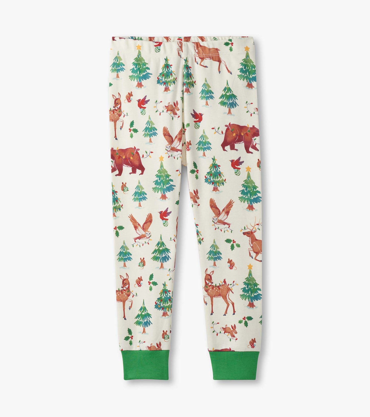 Cotton pajama pants featuring a festive animal and tree print in red, green, and cream, with green cuffs at the ankles.