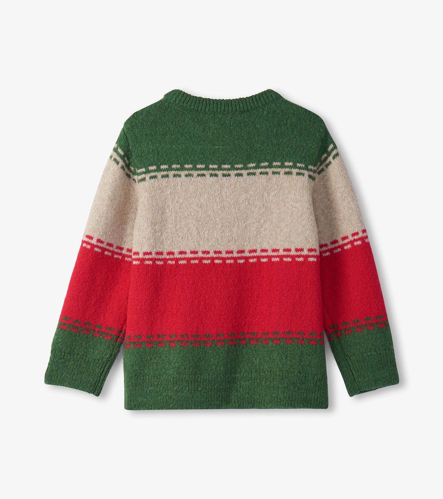 Green, red, and beige striped crew neck sweater with long sleeves, made from soft knit material.