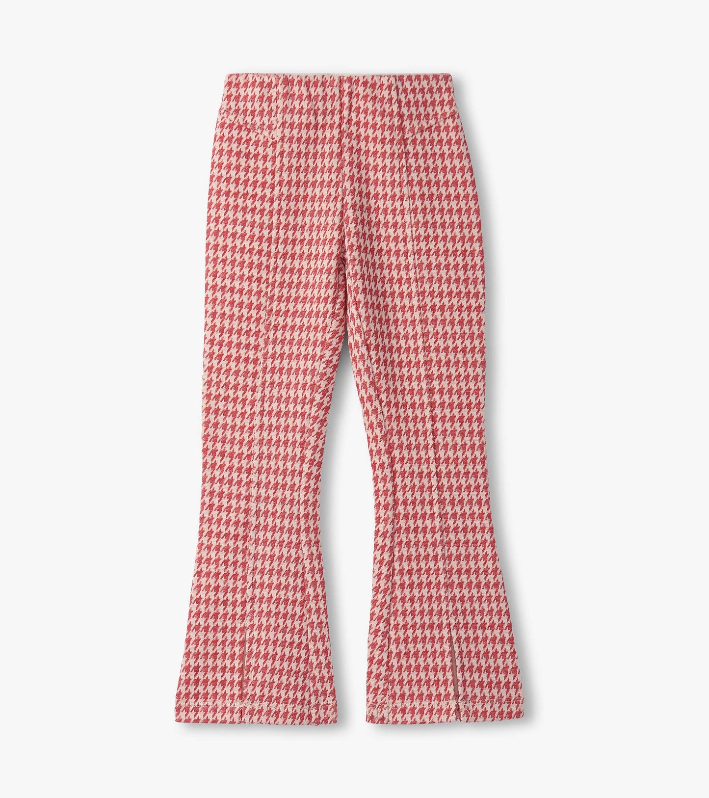 Red houndstooth bell bottom pants with a flared shape and elastic waistband, suitable for girls.