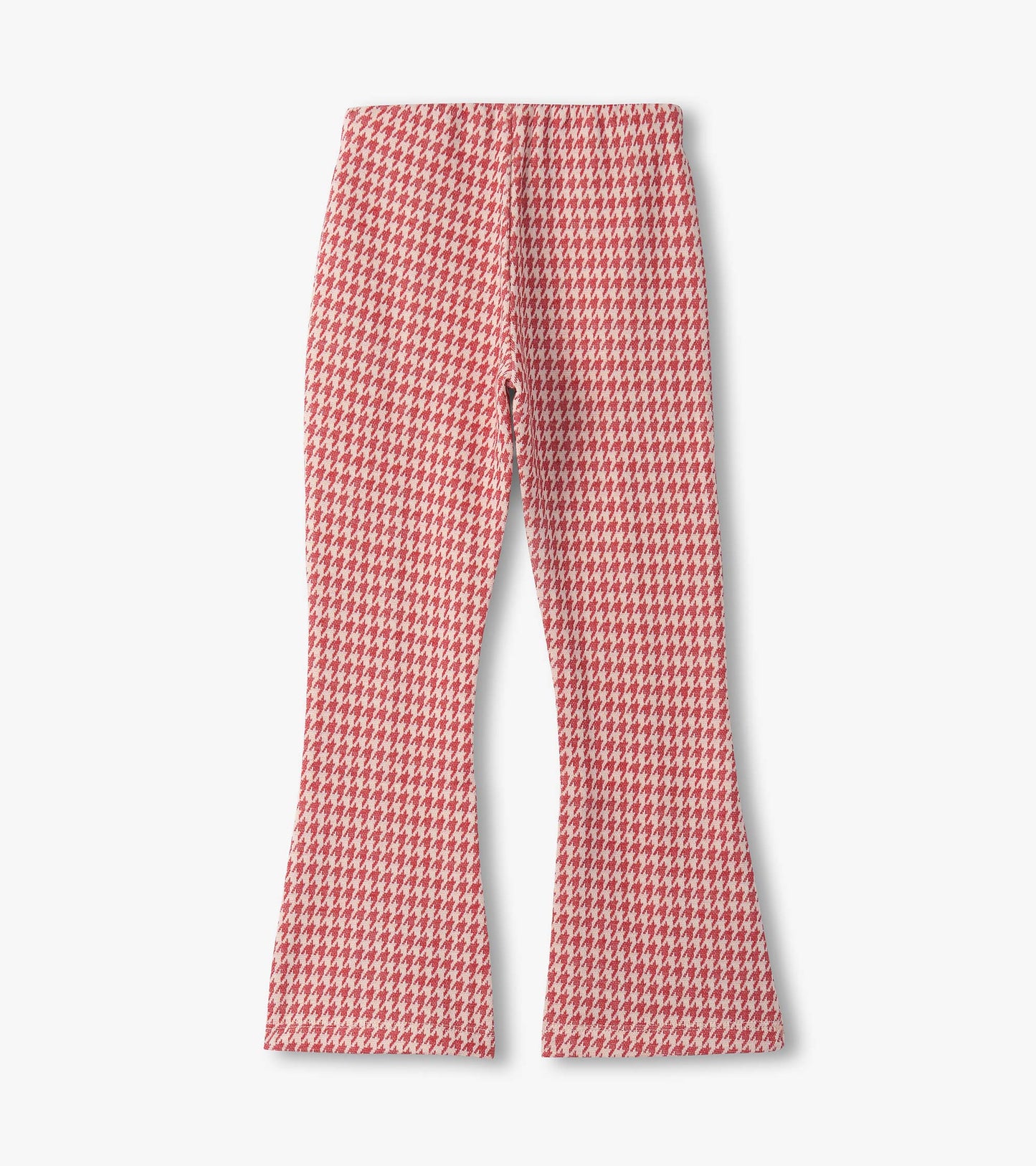 Red houndstooth bell bottom pants with a stretchy waistband, suitable for girls.