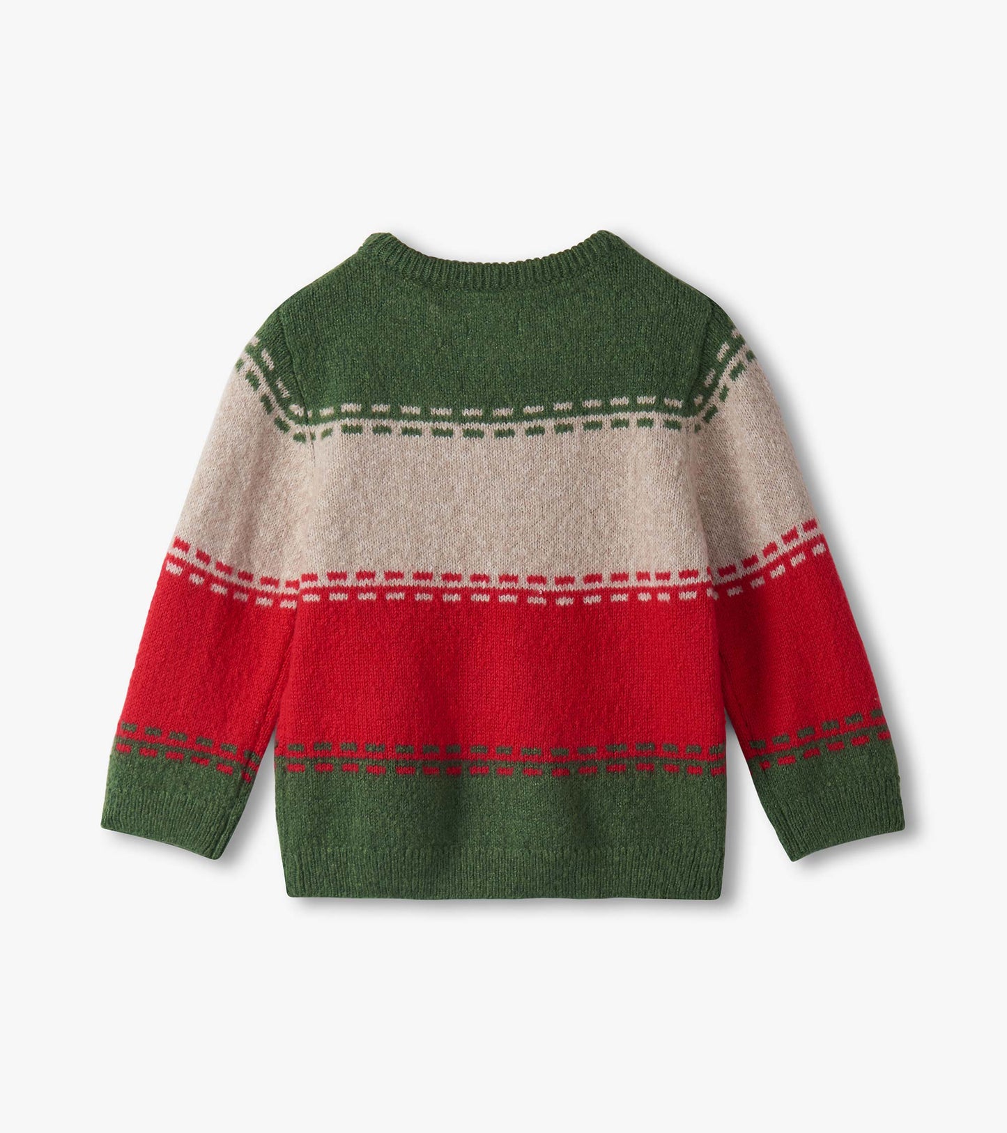 Green, red, and beige striped crew neck sweater for baby boys, featuring a cozy knit design.