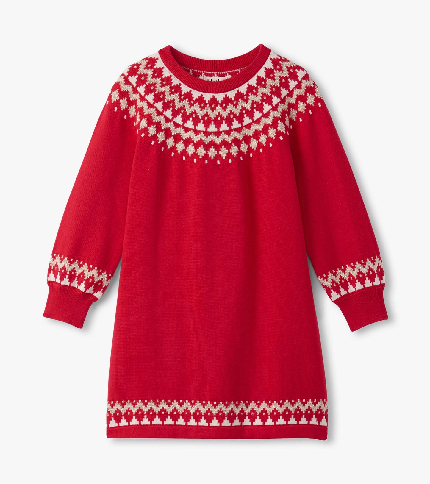 Red Fair Isle swing sweater dress with long sleeves and a patterned yoke, perfect for holiday wear.