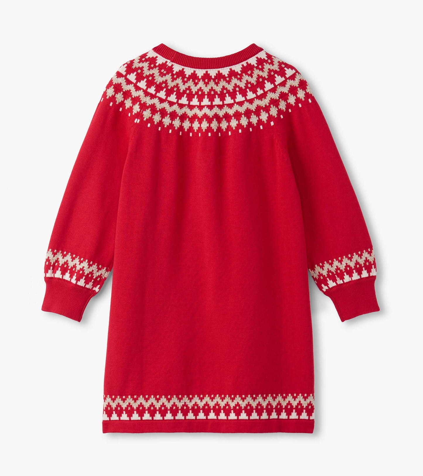 Red sweater dress featuring a Fair Isle pattern at the neckline and cuffs, with long sleeves and a relaxed fit.