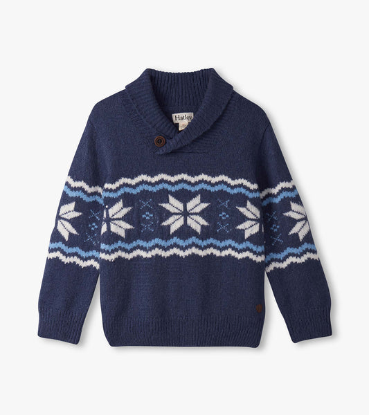 Navy blue sweater with snowflake pattern, shawl collar, and button detail, designed for baby and toddler boys.