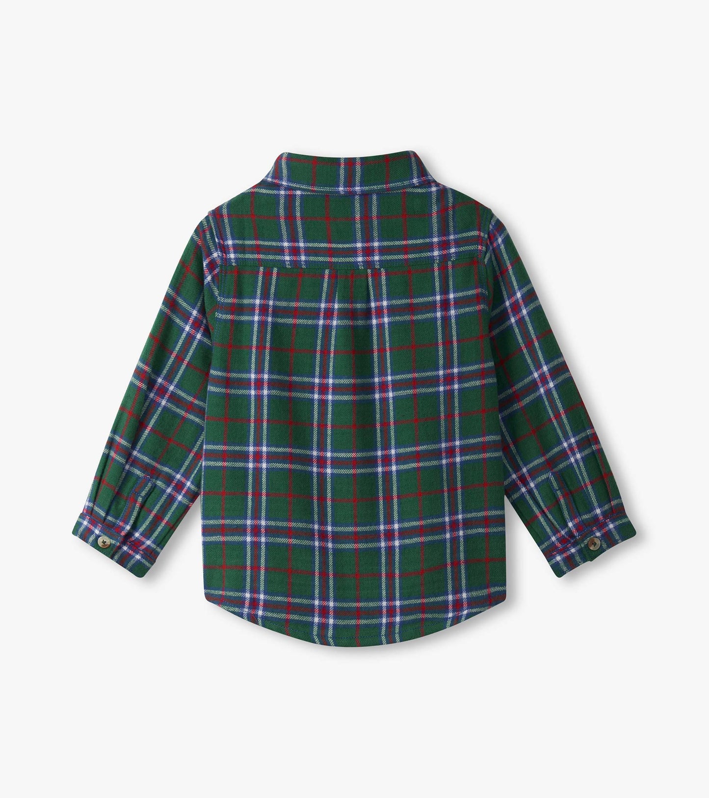 Green plaid button-down shirt with long sleeves and a classic collar, featuring red and blue accents. Back view shown.