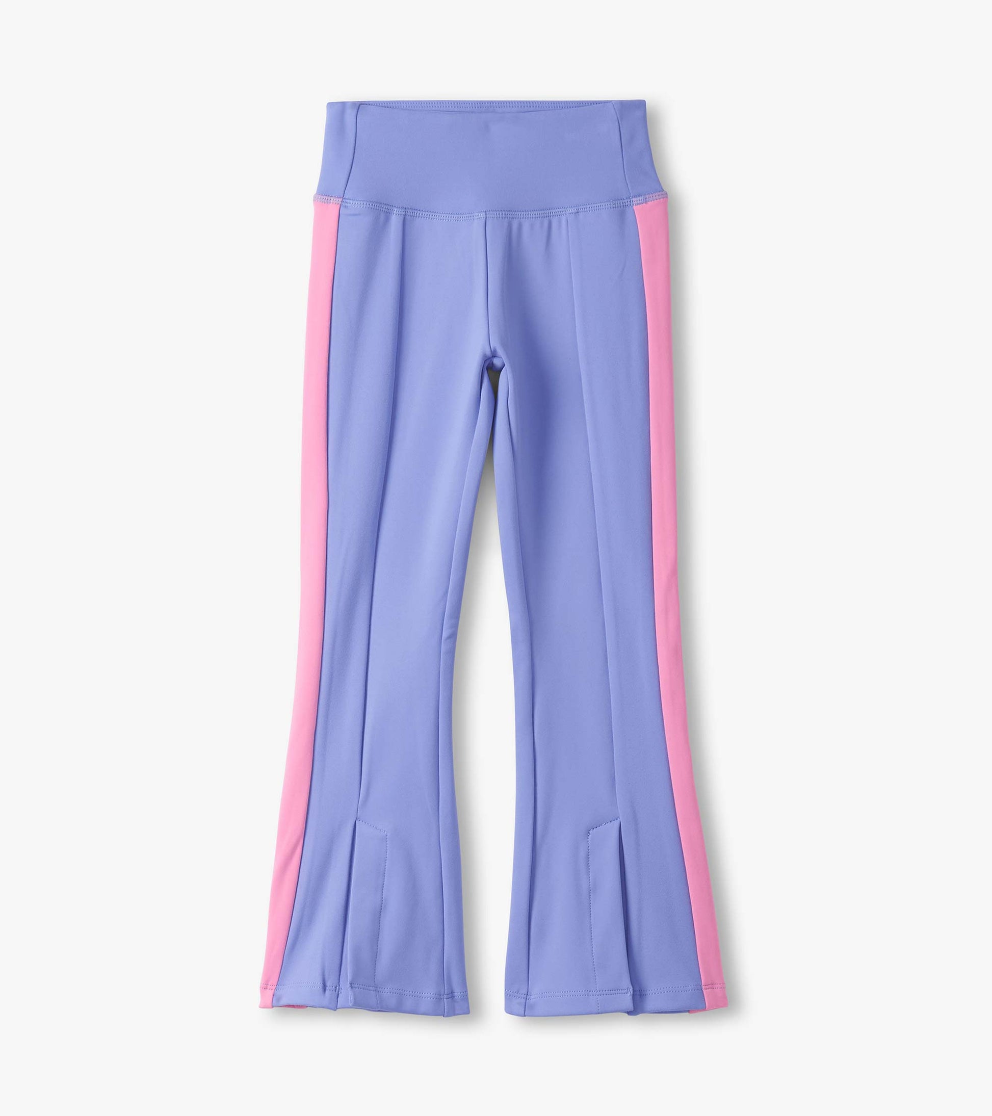 Purple active flared pants with pink side panels, made from stretchy material, suitable for active wear.