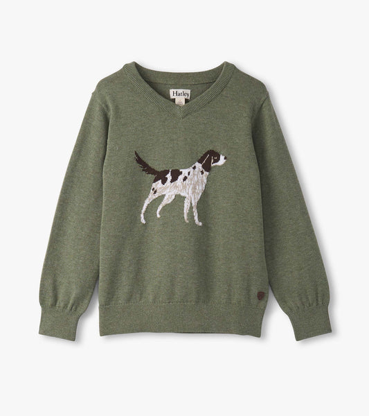 Green V-neck sweater featuring an embroidered hunting dog design, suitable for boys.