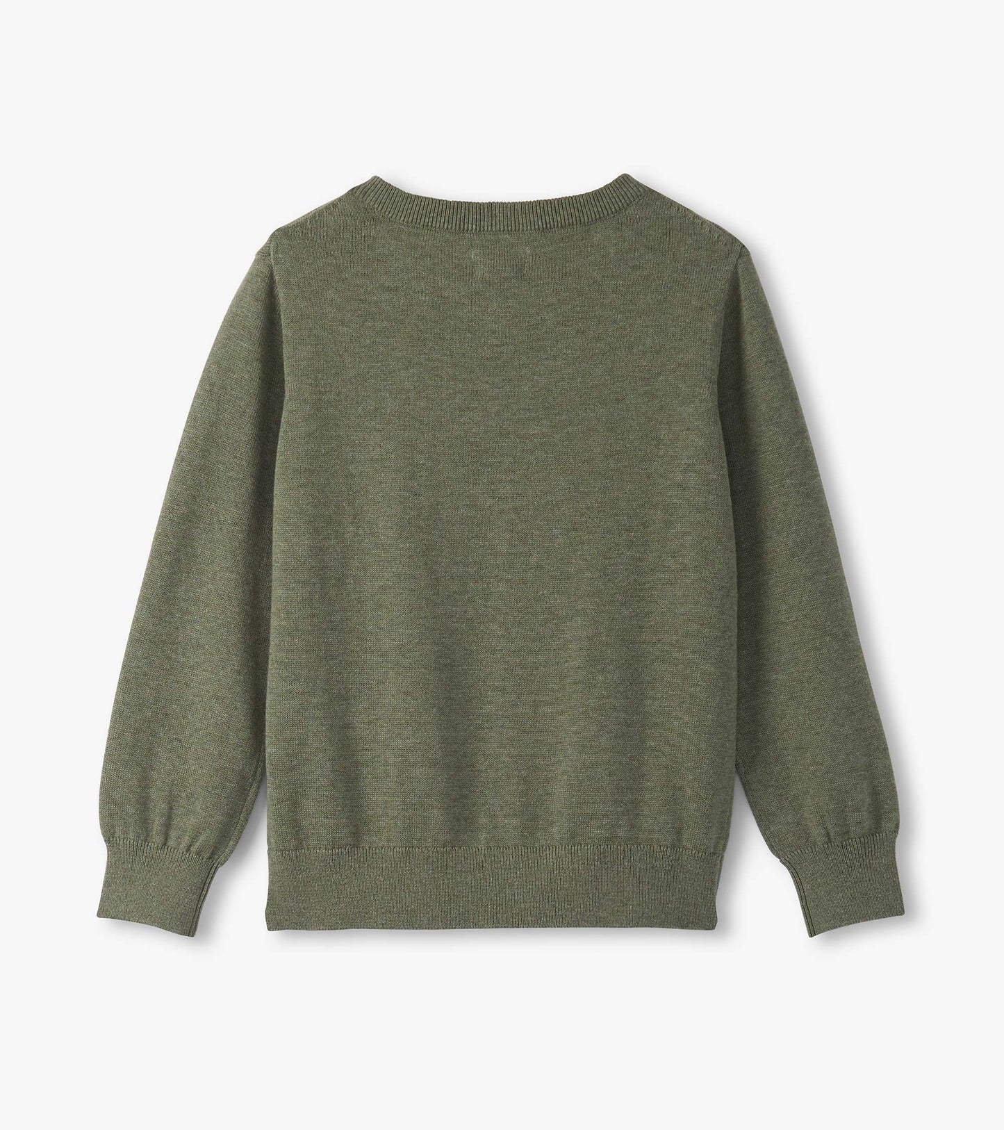 Green V-neck sweater for boys, featuring long sleeves and a soft knit texture. Back view shown.