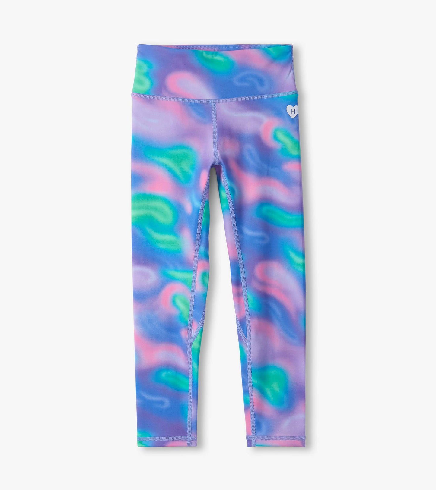Active leggings in a colorful lava lamp pattern featuring shades of purple, green, and pink, with a wide waistband.