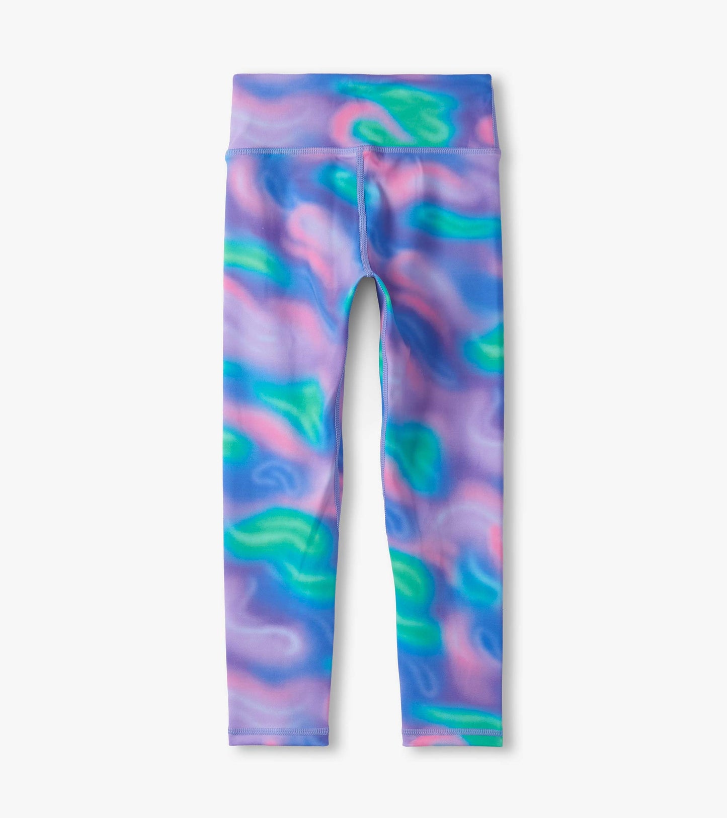 Active leggings featuring a colorful lava lamp pattern in shades of purple, green, and pink, made from stretchy material.