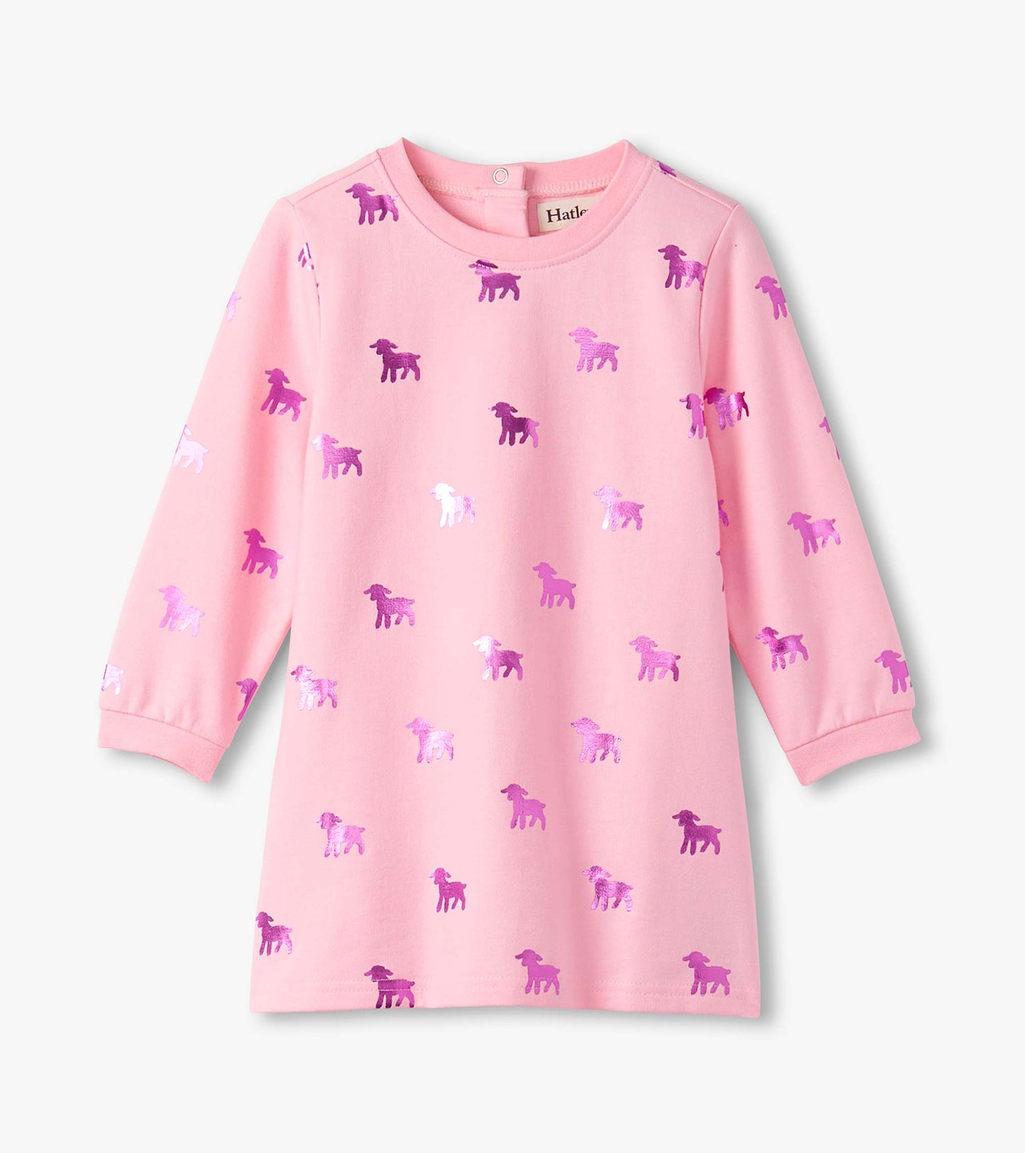 Pink long-sleeve dress featuring a lamb silhouette pattern in various shades of purple.