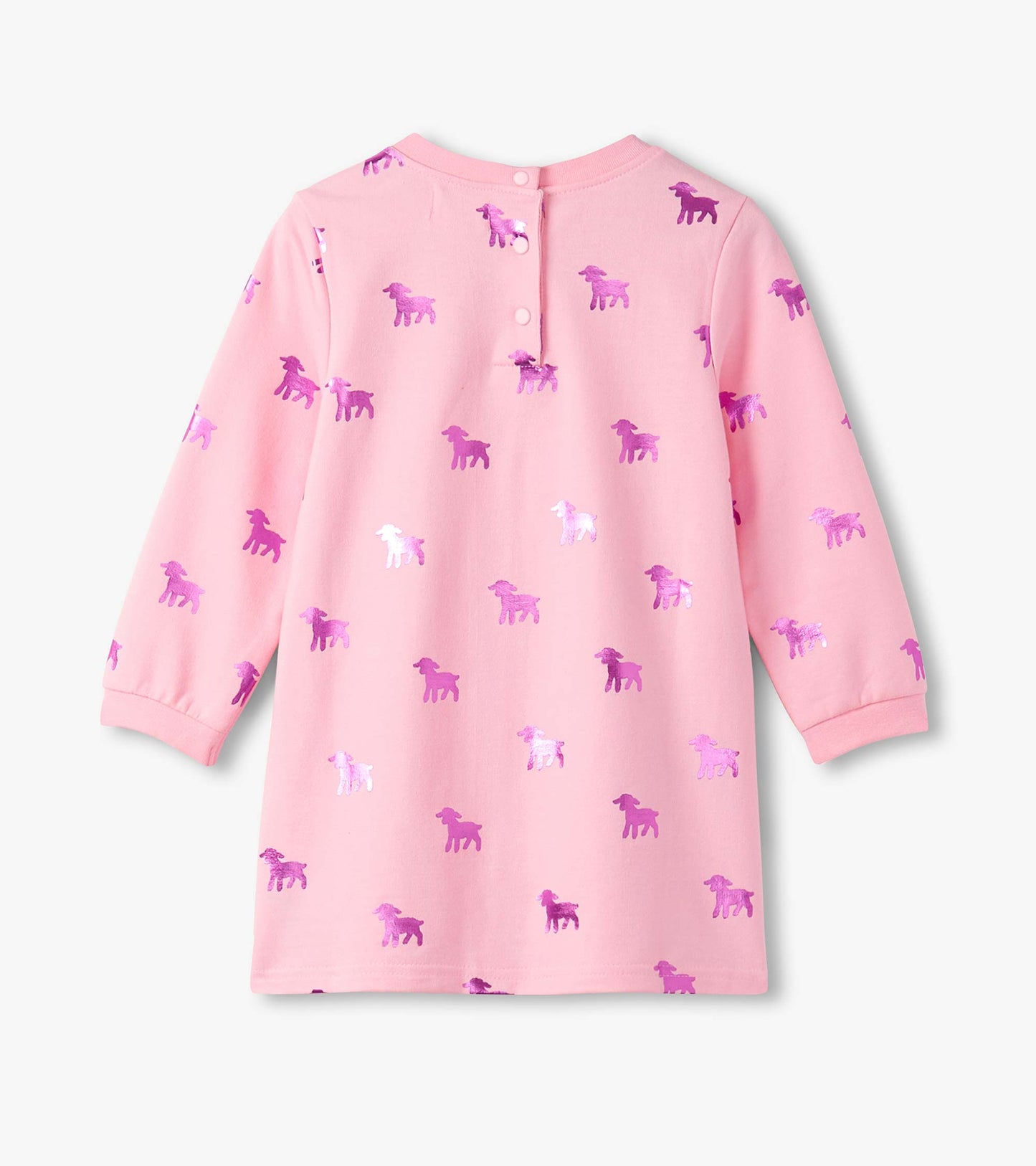 Pink dress featuring a lamb silhouette pattern in purple, with long sleeves and a button closure at the back.