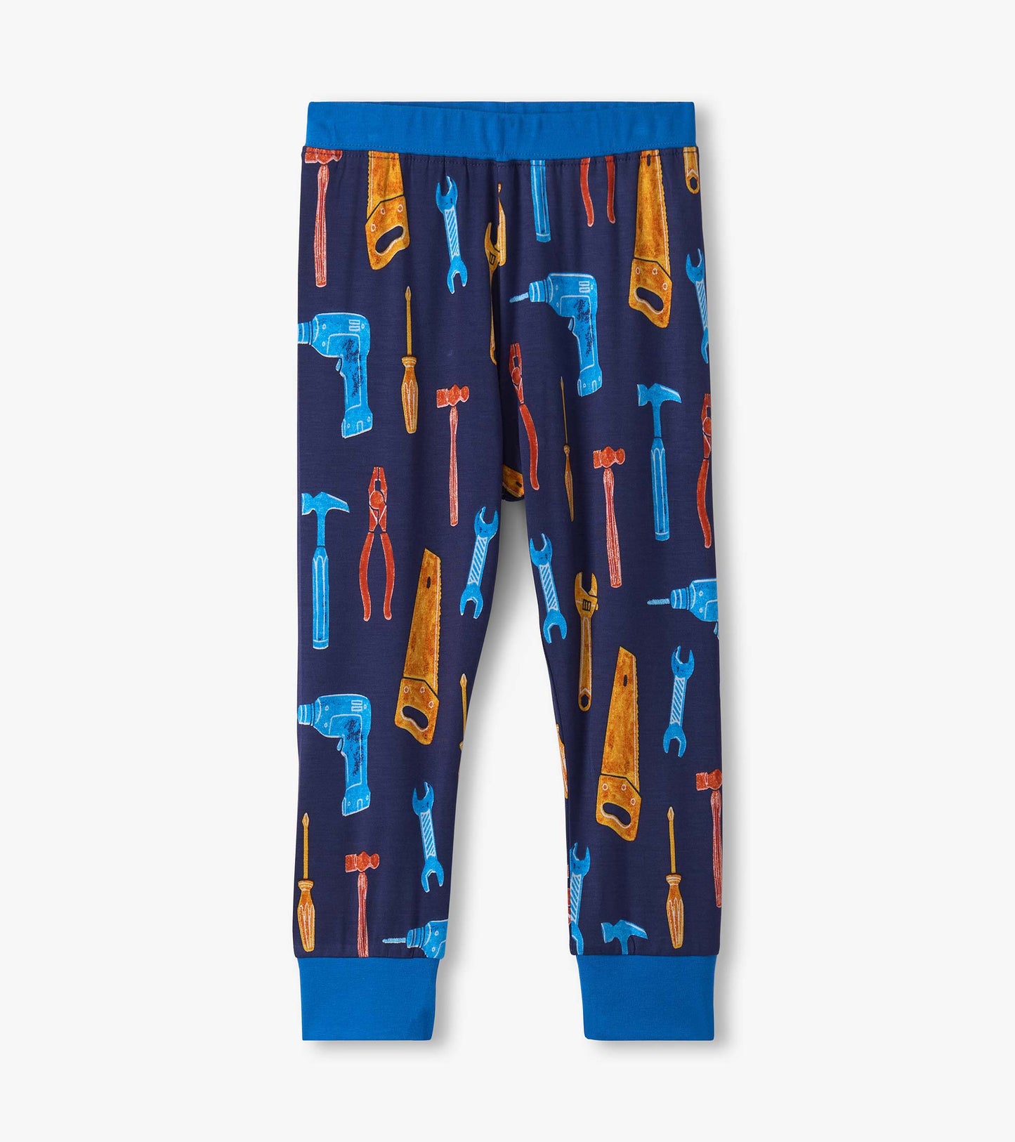 Navy pajama set featuring colorful tool illustrations, with a blue waistband and cuffs. Suitable for boys.