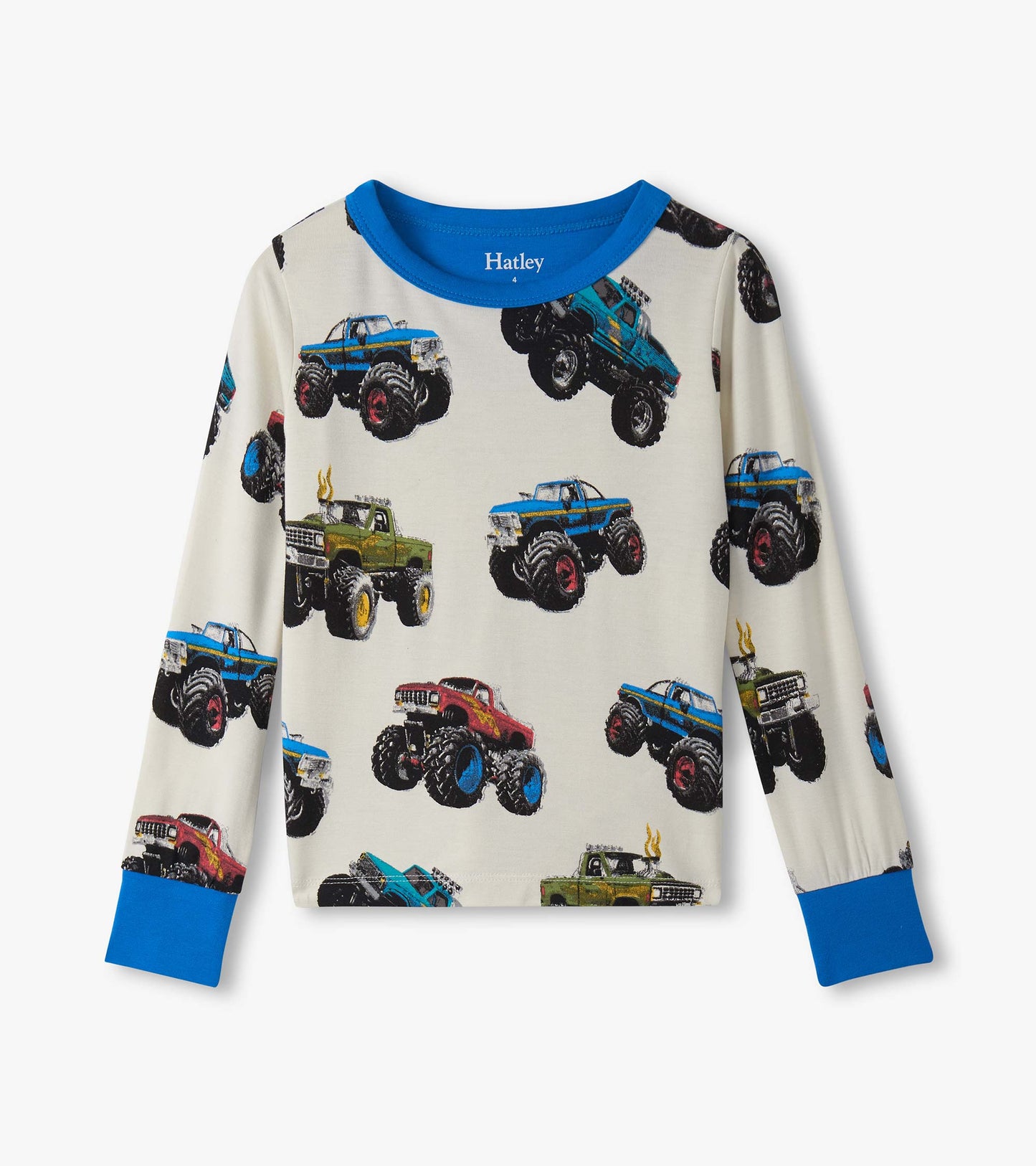 Boys' long-sleeve pajama top featuring colorful monster truck prints on a cream background with blue cuffs.