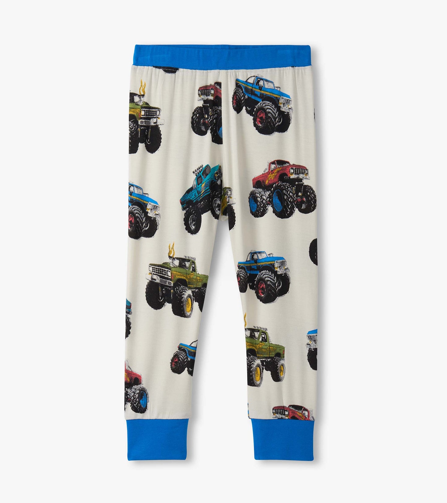 Boys' pajama pants featuring colorful monster truck prints on a cream background with blue cuffs.