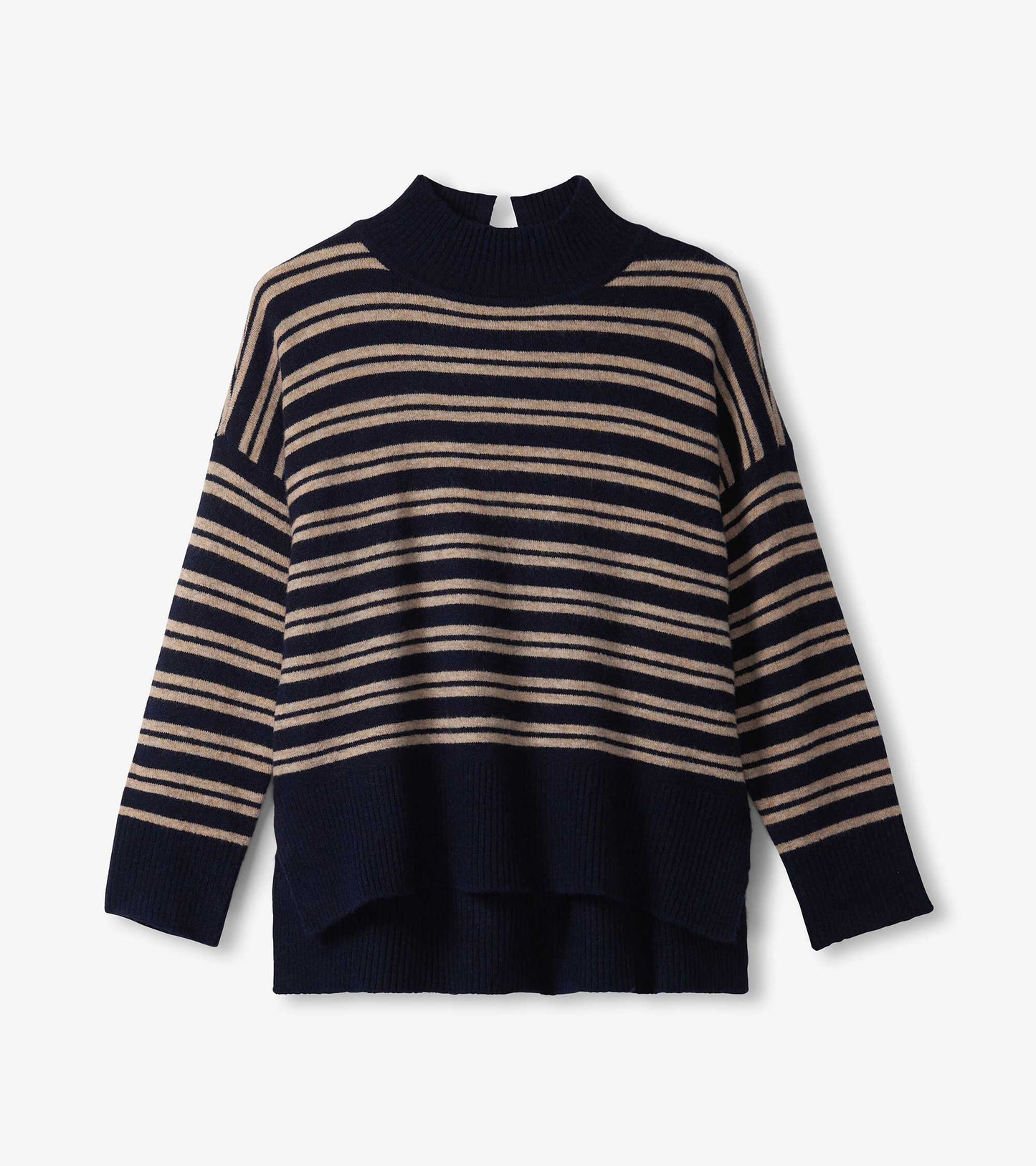 Navy and camel striped mock neck sweater with a relaxed fit and ribbed hem.
