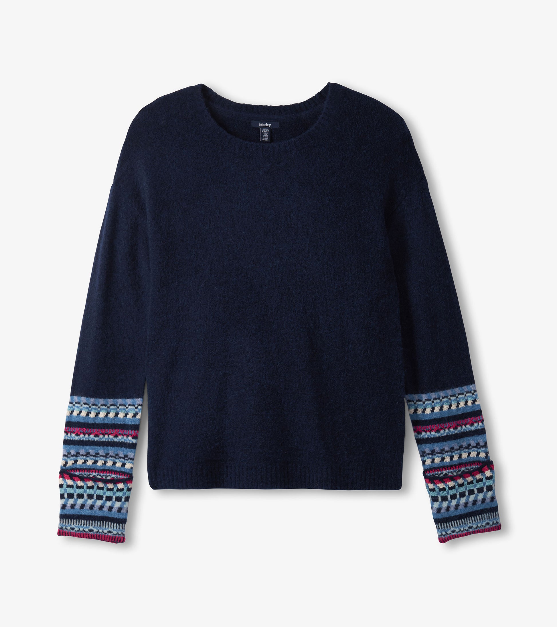 Navy sweater with a soft texture and patterned jacquard cuffs in blue, red, and white. Round neckline and long sleeves.