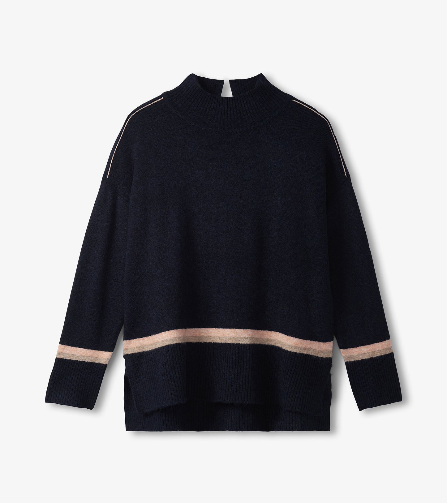 Navy mock neck sweater featuring a striped hem and shoulder detailing, made from soft material.