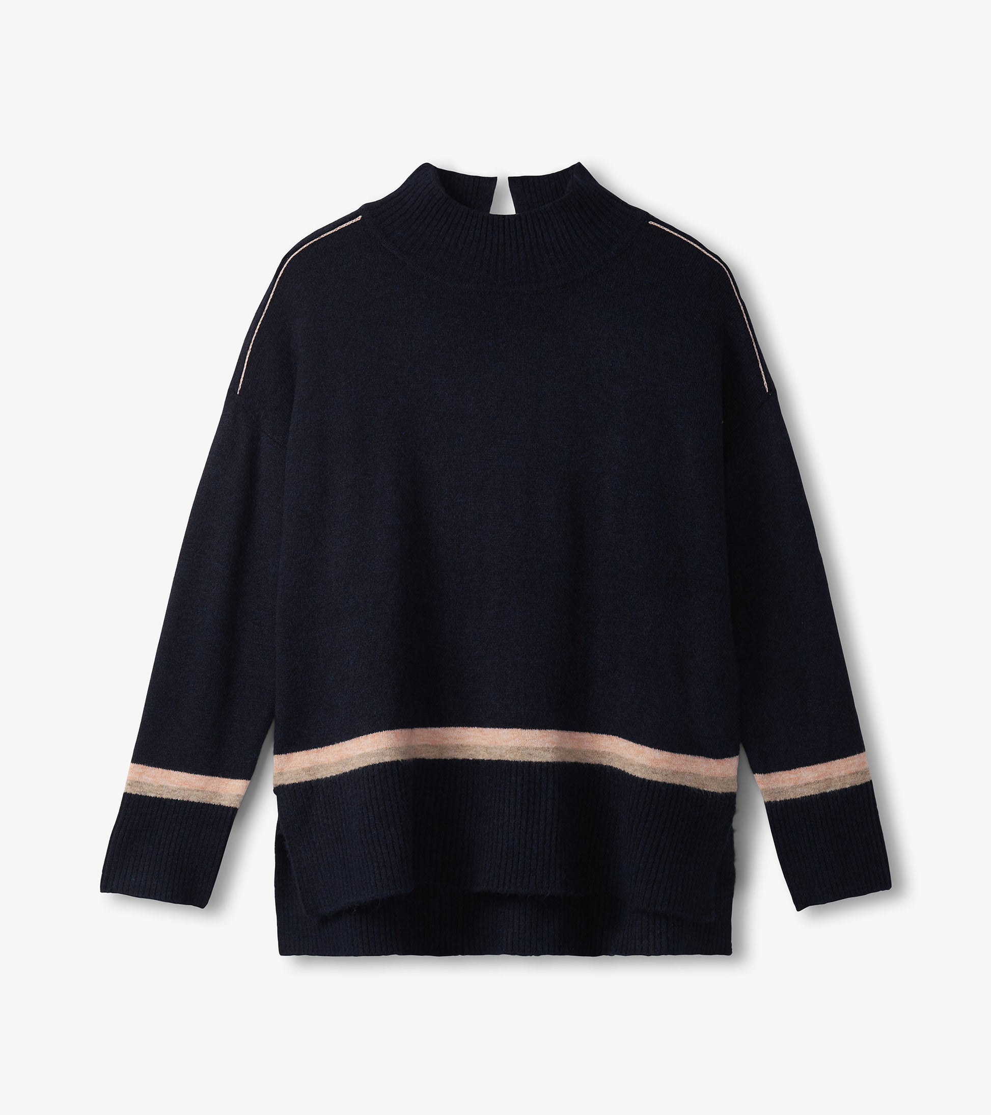Navy mock neck sweater featuring a striped hem and shoulder detailing, made from soft material.
