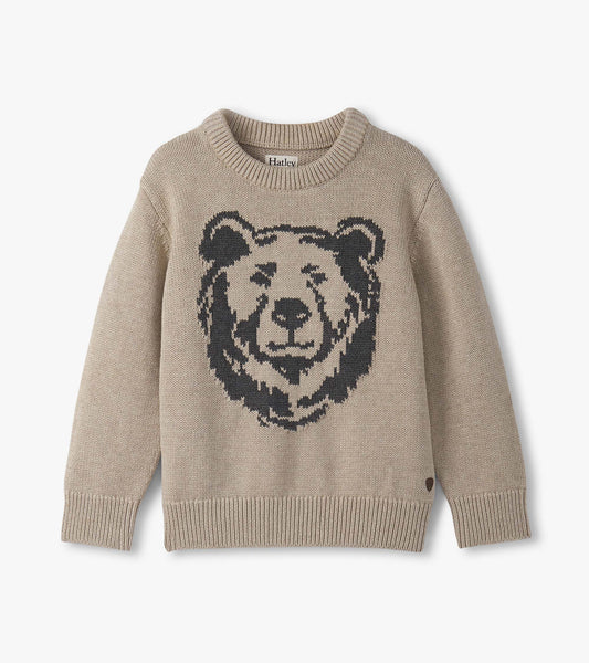 Oatmeal crew neck sweater featuring a bear graphic in dark tones, made from soft knit material.