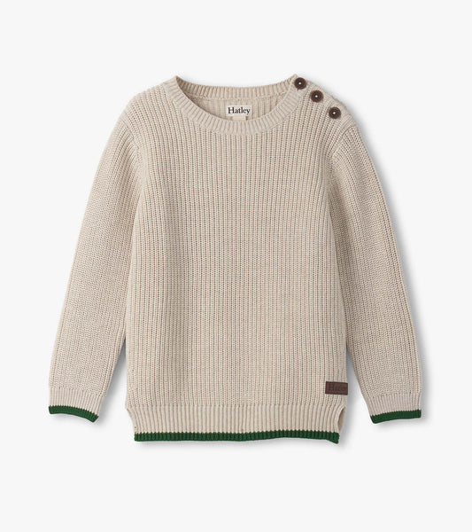 Oatmeal melange sweater with button neck, ribbed cuffs, and green trim, designed for boys.