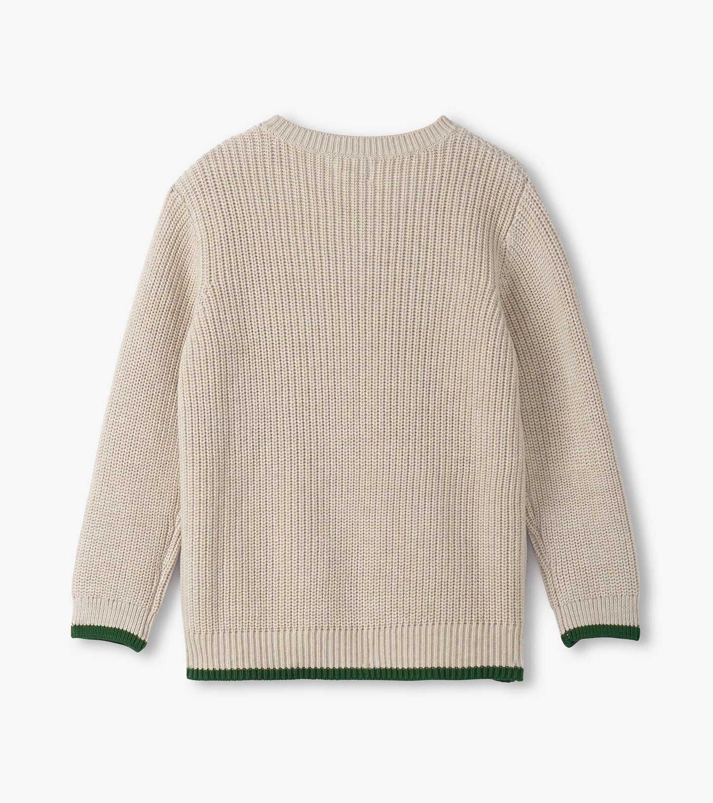 Oatmeal melange sweater with a textured knit, featuring a green trim at the cuffs and hem, shown from the back.
